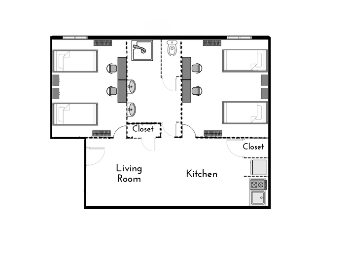 Double occupancy (shared) floor plan showcasing two double occupancy bedrooms with two beds each, a bathroom, a cozy living room, and a practical kitchen with ample closet space.