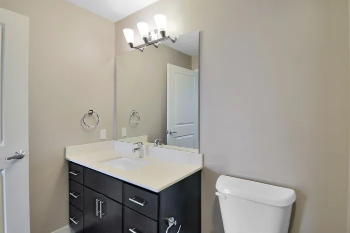 Modern bathroom with sleek dark cabinetry, elegant countertop, and contemporary fixtures creating a stylish feel.