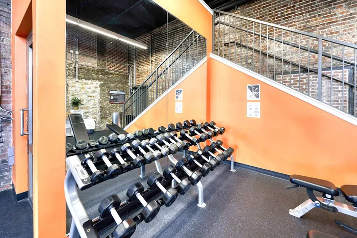 Modern gym with sleek orange walls, featuring a stylish dumbbell rack and comfortable benches, ideal for an invigorating workout session.