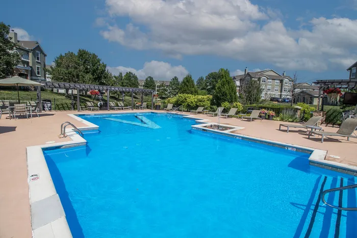 Inviting outdoor swimming pool surrounded by lush landscaping and stylish lounge chairs, perfect for relaxation and leisure.