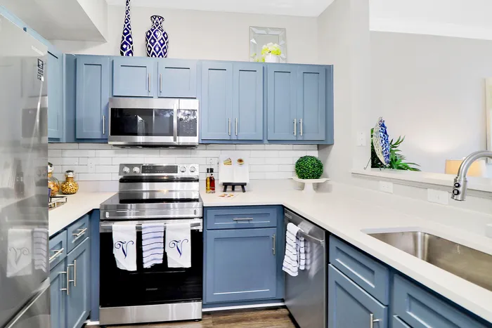 Modern kitchen with sleek stainless steel appliances, stylish blue cabinetry, and elegant white countertops accented by contemporary decor.
