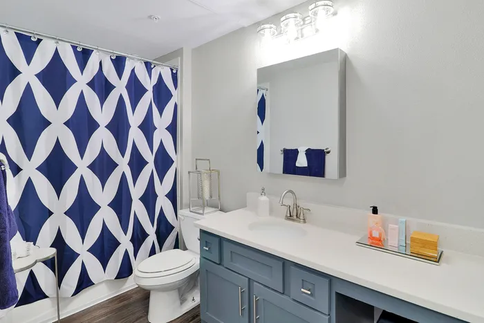 Elegant bathroom with stylish blue and white patterned shower curtain, modern vanity, and sleek fixtures.