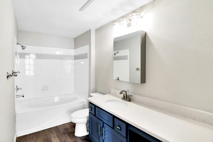 Bright and modern bathroom featuring a sleek bathtub, elegant vanity with large mirror, and stylish lighting fixtures.