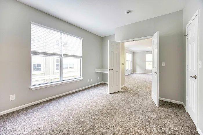 Bright and airy bedroom with plush carpeting, large windows, and open access to a spacious living area.