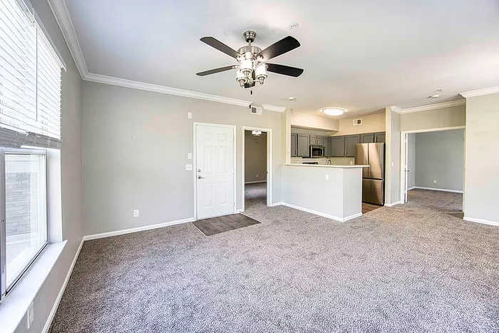 Bright, modern living space with plush carpeting, ceiling fan, and an open kitchen featuring sleek stainless steel appliances.