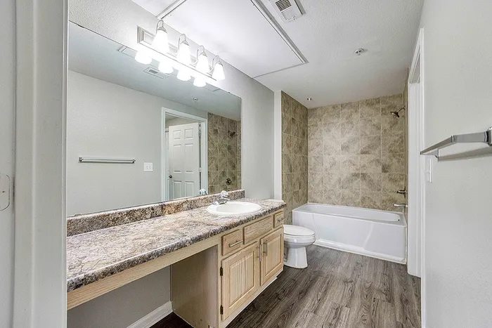 Modern bathroom with elegant granite countertop, spacious vanity, and stylish bathtub, highlighted by natural tile accents and sleek wood flooring.