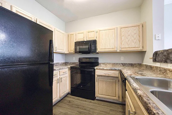 Modern kitchen featuring sleek black appliances, elegant wooden cabinets, and polished granite countertops.