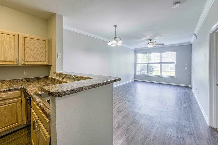 Bright open-concept living area with sleek hardwood floors, modern kitchen, and large window offering natural light.