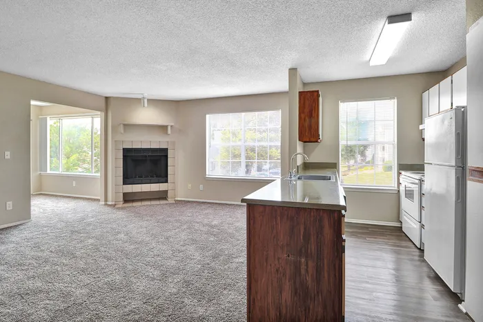 Bright and spacious living area featuring a cozy fireplace, plush carpet, large windows, and a modern kitchen with sleek countertops.