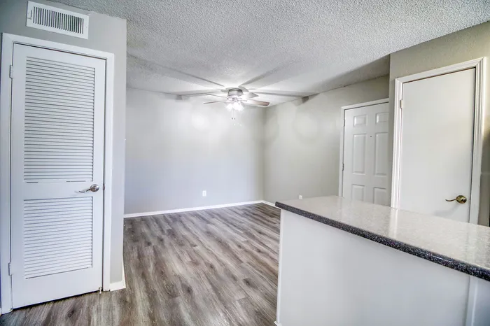 Modern apartment interior featuring sleek hardwood floors, a ceiling fan, and contemporary design accents.