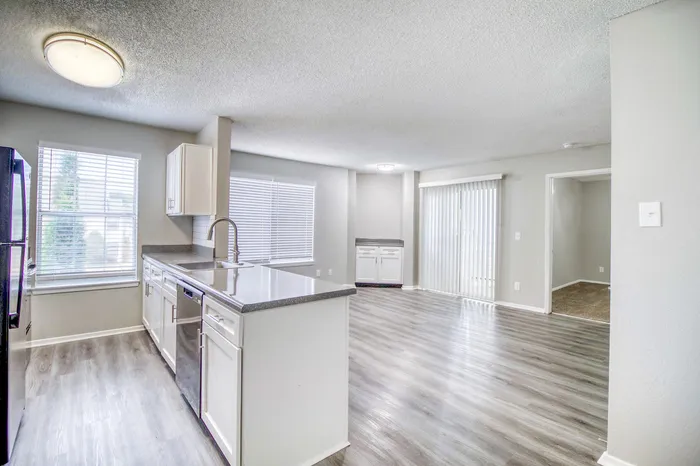 Modern open-concept kitchen and living area with sleek countertops, stylish cabinetry, and bright natural lighting.