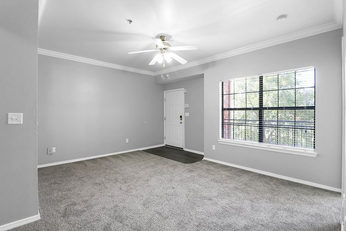 Bright and spacious living room with plush carpeting, modern ceiling fan, and large window for natural light.