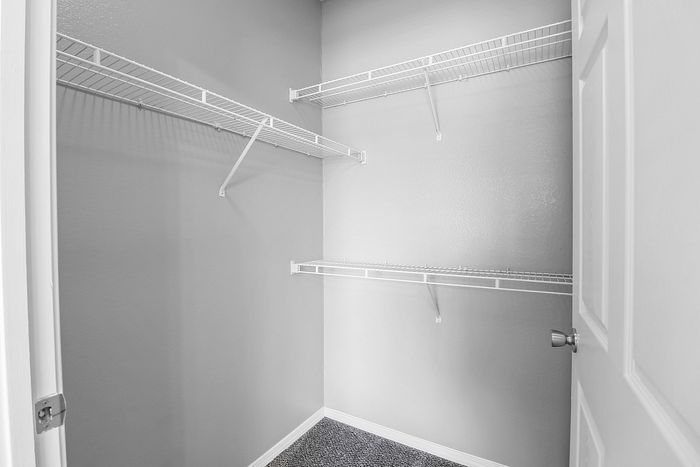 Sleek walk-in closet with ample shelving space and modern design, perfect for optimized storage.