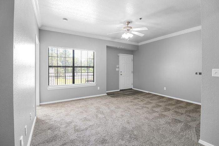 Bright and inviting living space featuring plush carpeting, large window with scenic views, and a modern ceiling fan.