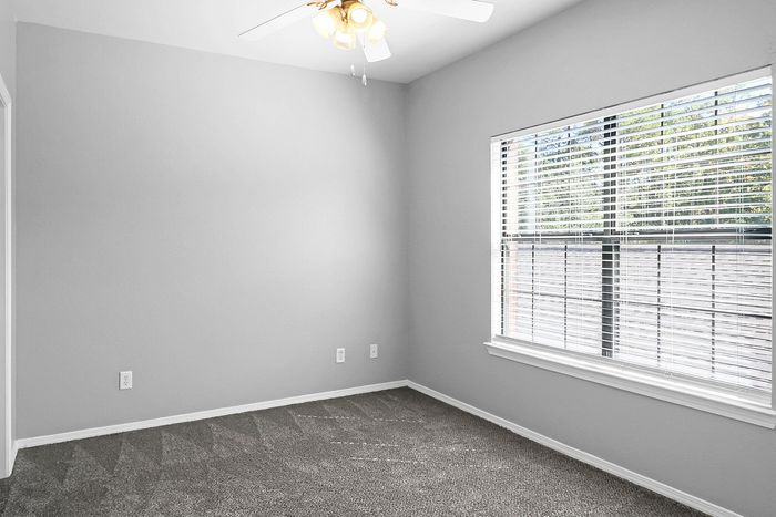 Bright and airy room featuring plush carpeting and a large window with modern blinds, ideal for a cozy bedroom or office space.