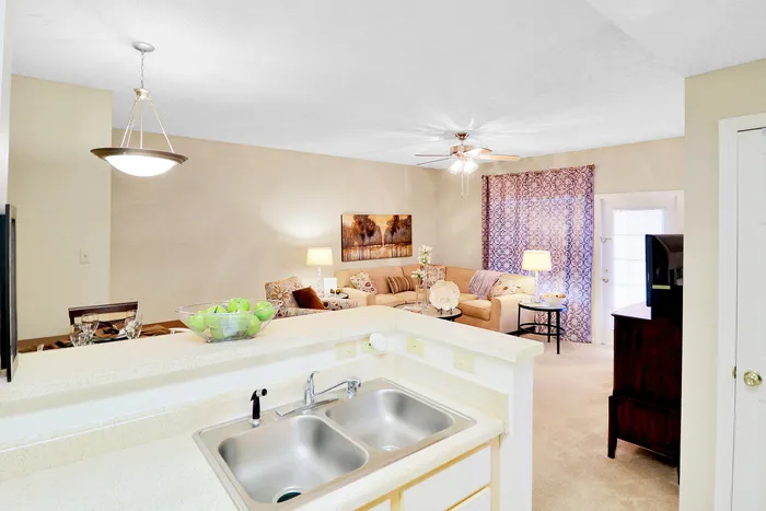 Inviting open-concept living area with elegant decor, cozy sofas, and a modern kitchen counter overlooking the space.