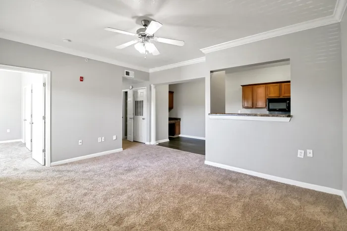 Inviting living area with plush carpet, ceiling fan, and open access to kitchen and bedrooms, perfect for comfortable modern living.
