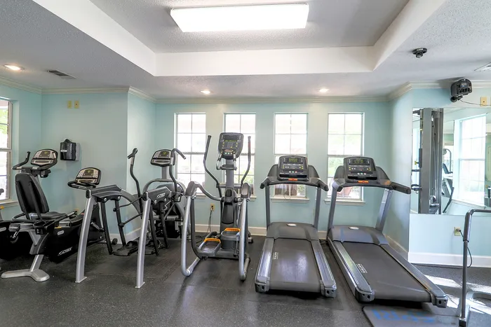 Bright and modern fitness center with state-of-the-art treadmills and ellipticals, ideal for active living.