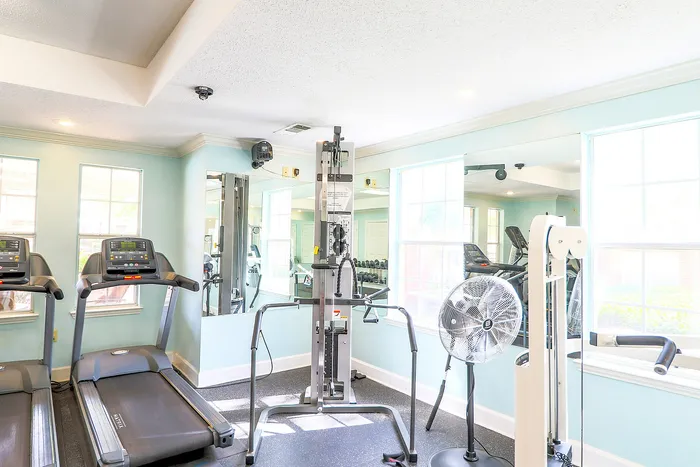 Bright and inviting fitness center featuring treadmills, strength training equipment, and large windows for a refreshing workout atmosphere.