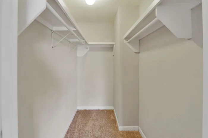 Spacious walk-in closet with dual hanging rods and carpet flooring, offering ample storage space.