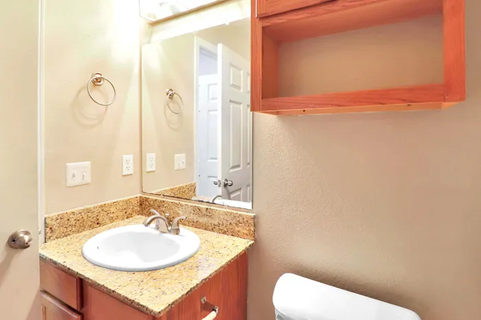 Elegant bathroom showcasing a sleek granite countertop, modern sink, and stylish wooden shelving.