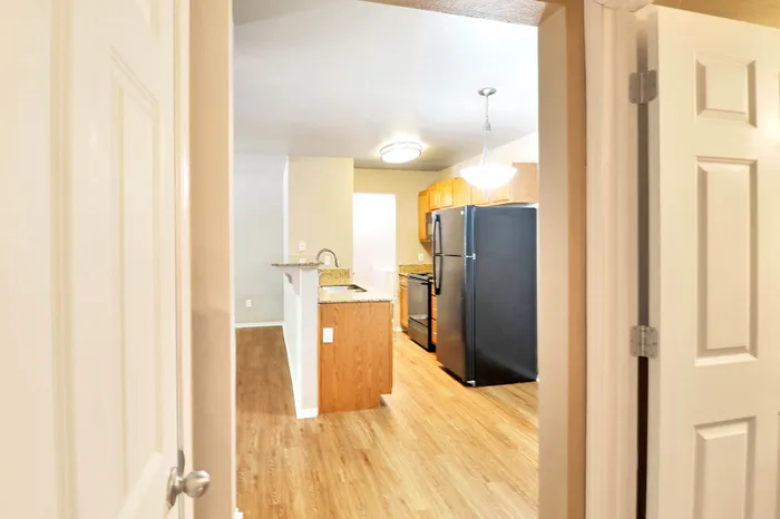 Inviting kitchen with modern appliances, hardwood floors, and elegant lighting viewed through a doorway.