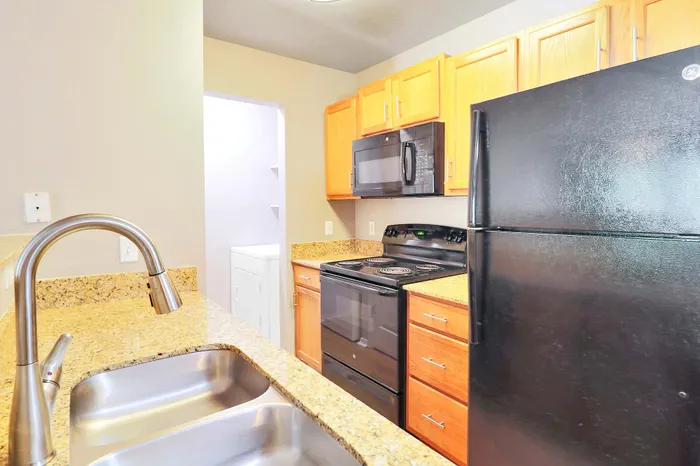 Modern kitchen with sleek black appliances, granite countertops, and ample wooden cabinetry, exuding elegance and functionality.
