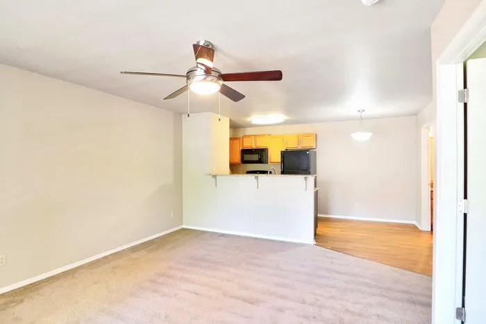 Bright living area with modern ceiling fan overlooking an open kitchen with wooden cabinetry and sleek black appliances.
