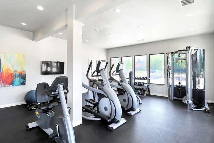 Bright and modern gym with state-of-the-art exercise equipment, including ellipticals and a multi-function weight machine.