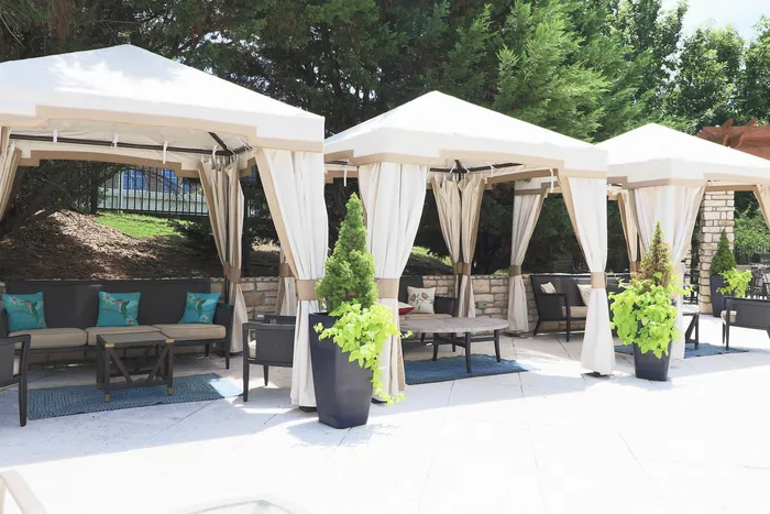 Chic outdoor lounge area with elegant cabanas, plush seating, and vibrant greenery for a relaxing retreat.