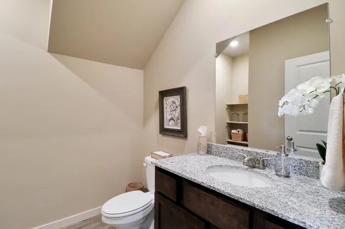 Elegant bathroom featuring a granite countertop with sink, white orchid decoration, and modern fixtures, providing a tranquil and stylish atmosphere.