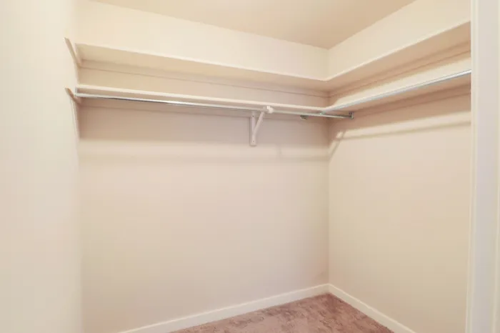 Spacious walk-in closet with ample shelving and hanging space, perfect for organized storage.