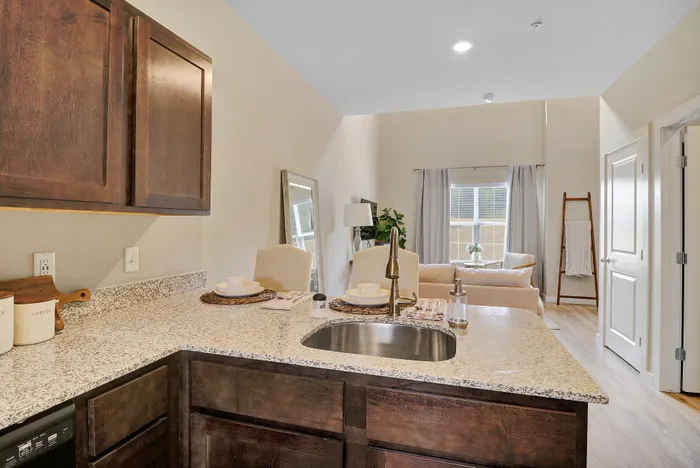Bright and inviting open-concept kitchen and living area with elegant countertops, sleek cabinetry, and cozy seating, perfect for modern living.