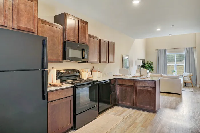 Sleek open-plan kitchen with modern appliances, rich wooden cabinetry, and a cozy living area with natural light.