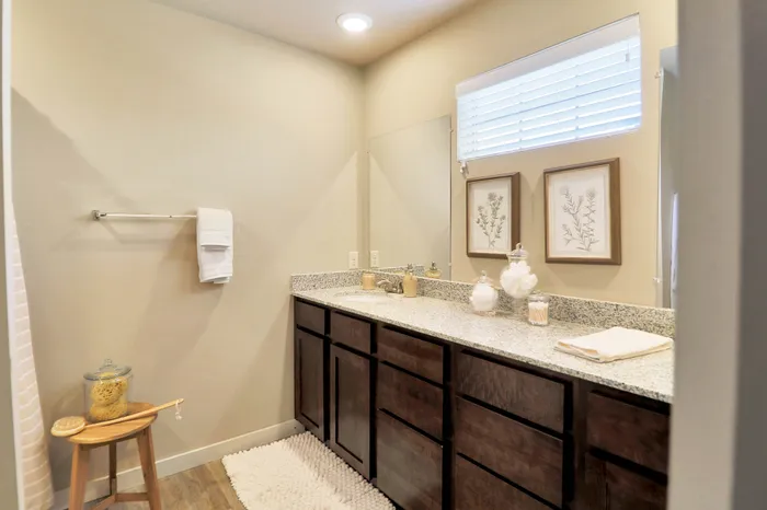 Elegant bathroom featuring a granite countertop, dark wood cabinetry, and soft lighting, complemented by decorative artwork.