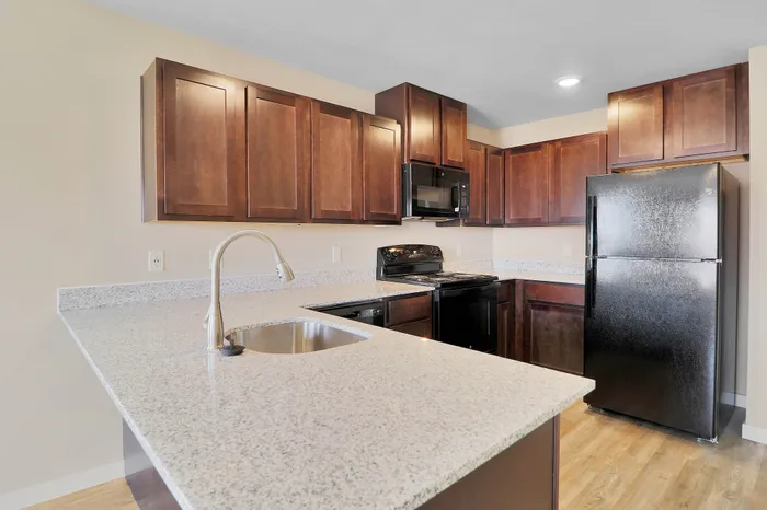 Modern kitchen with elegant dark wood cabinets, sleek countertops, and stainless steel appliances, offering a stylish and functional cooking space.