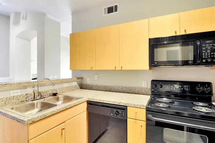 Modern kitchen featuring sleek black appliances, double stainless steel sink, and light wood cabinetry with granite countertops.