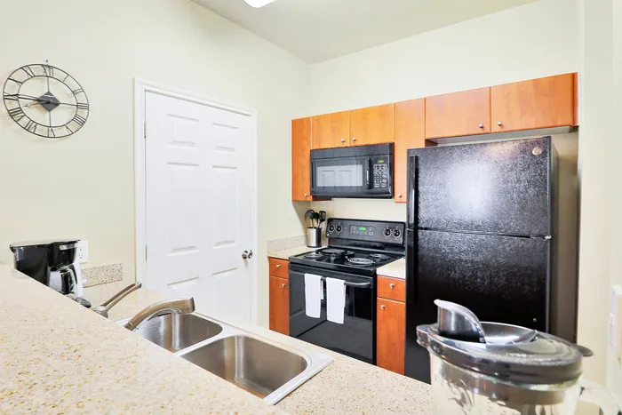 Contemporary kitchen with sleek black appliances, elegant wooden cabinetry, and spacious countertops, perfect for culinary adventures.