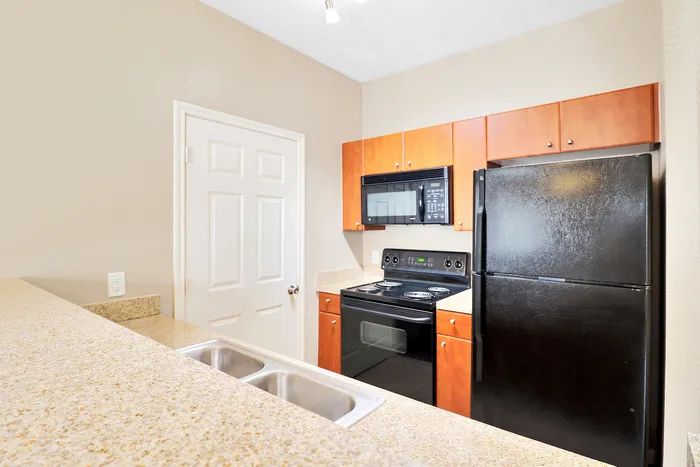 Modern kitchen with sleek black appliances, elegant wood cabinets, and a spacious granite countertop.