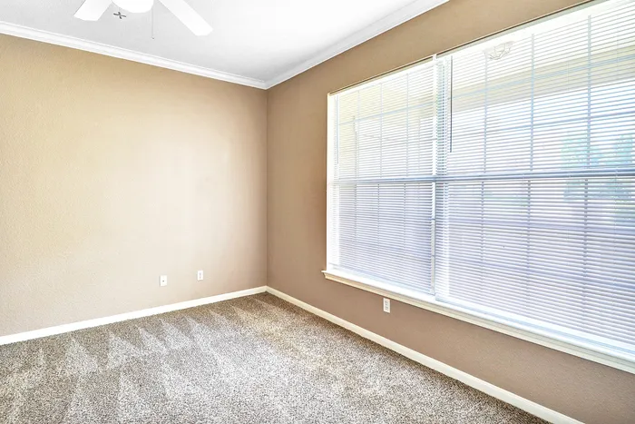 Inviting room with plush carpet and large sunlit windows offering serene views, perfect for creating a cozy retreat.