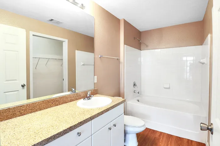 Elegant bathroom with granite countertop, modern fixtures, and a spacious tub featuring warm-toned walls and wood-style flooring.