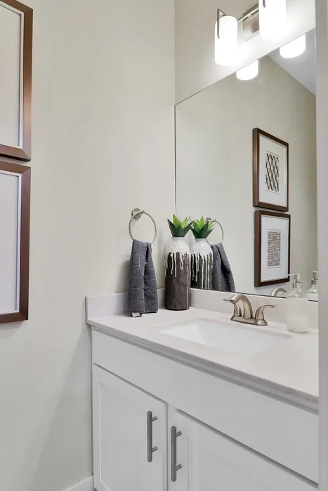 Elegant bathroom with sleek vanity, modern lighting, and chic decor elements for a luxurious feel.
