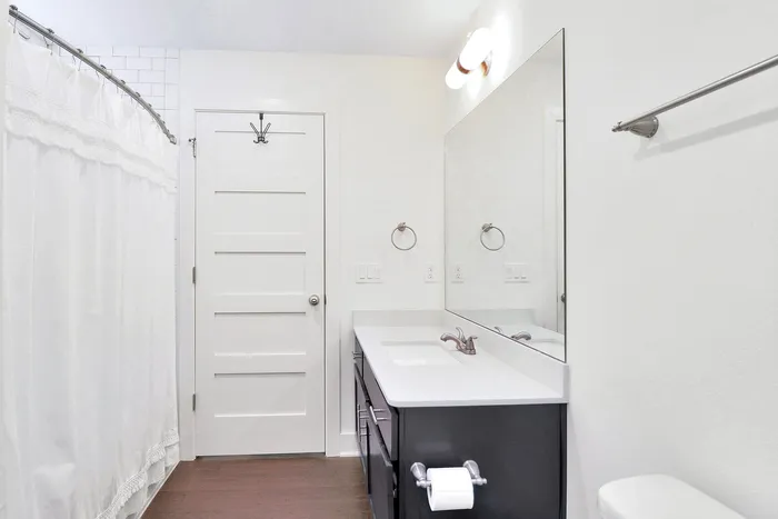 Bright and modern bathroom with elegant fixtures, featuring a spacious vanity and stylish shower curtain.