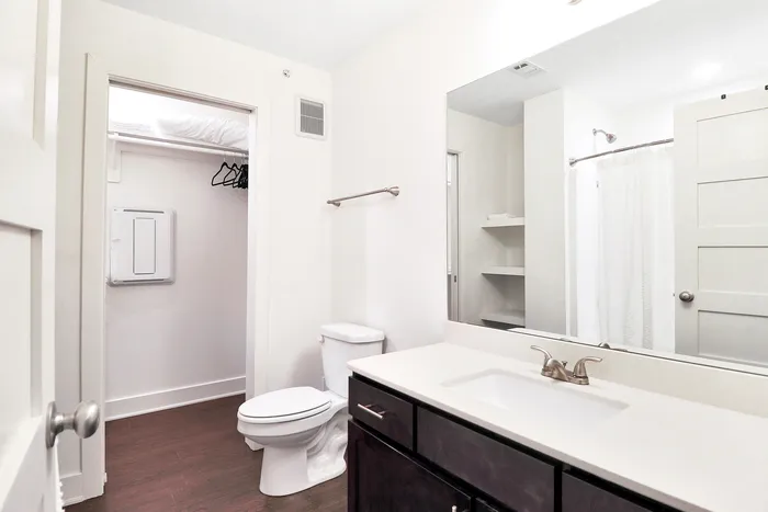 Elegant bathroom with a sleek vanity, spacious mirror, and access to a cozy closet, offering a blend of style and functionality.