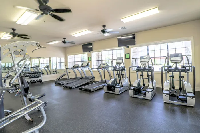 Bright and modern gym facility equipped with treadmills, elliptical machines, and weight training equipment, offering a perfect space for fitness enthusiasts.