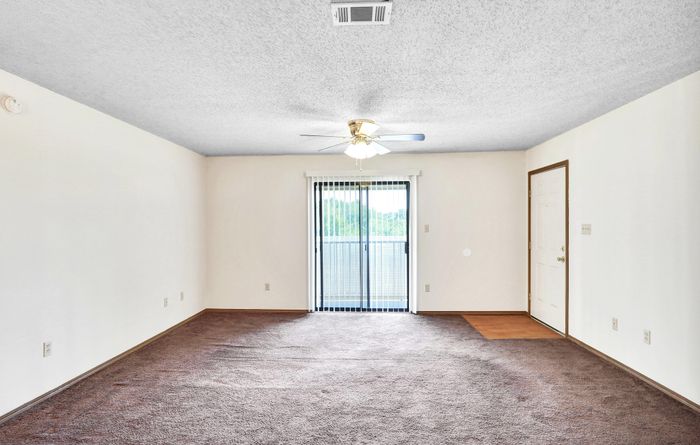Bright living room with plush carpet, ceiling fan, and sliding glass doors leading to a scenic balcony.