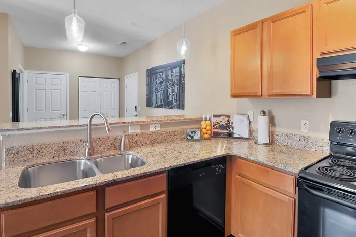Modern kitchen with elegant granite countertops, double sinks, and stylish pendant lighting.