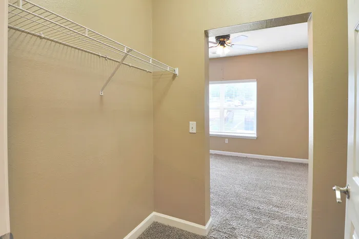 Inviting walk-in closet with ample shelving and a view into a bright, cozy bedroom.