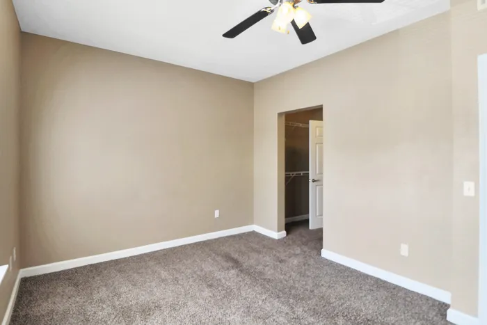 Bright and spacious bedroom with plush carpeting, elegant ceiling fan, and ample walk-in closet.