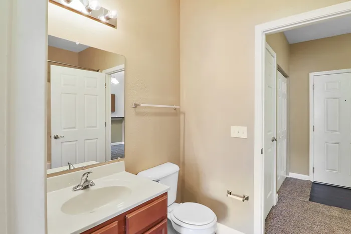 Inviting bathroom with modern fixtures, a spacious mirror reflecting elegant lighting, and a plush carpet extending into the hallway, offering comfort and style.